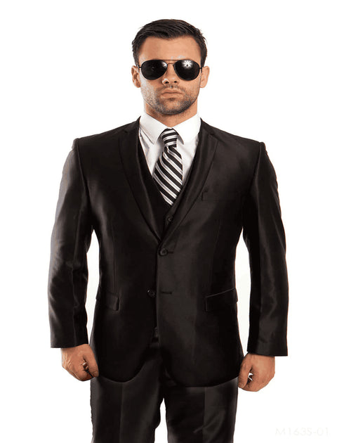 Mens Tazio Vested Slim Fit Shiny Sharkskin Suit in Black - AlbertoNardoniStore