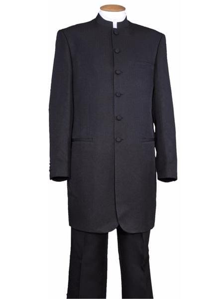 Mens Two Piece Mandarin Collar Black Wool Long Jacket - AlbertoNardoniStore