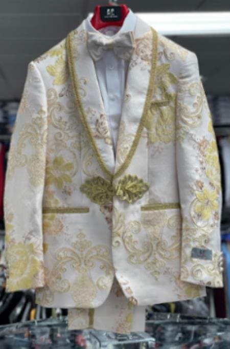 Mens White and Gold Suits - White and Gold Prom Tuxedo - AlbertoNardoniStore