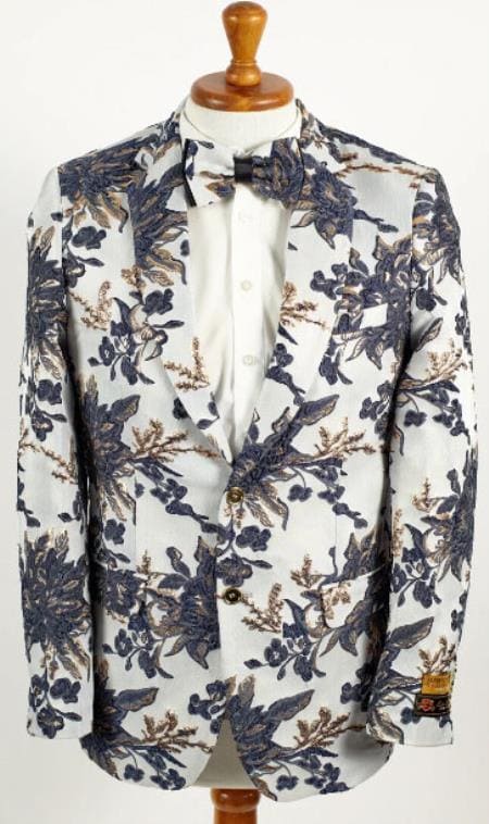 Mens White -Navy And Gold 2 Button Foil Floral Paisley Prom And Wedding Blazer - AlbertoNardoniStore