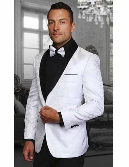 Mens White Two Toned Paisley Shawl Lapel Blazer - AlbertoNardoniStore