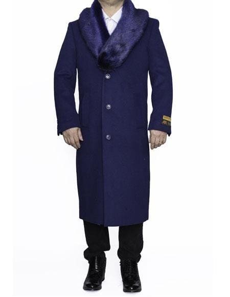 Moscow: INDIGO BLUE REMOVABLE FUR COLLAR MENS FULL LENGTH OVERCOAT - AlbertoNardoniStore