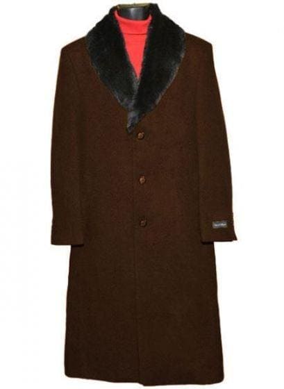 Moscow: MEN'S FUR COLLAR DARK BROWN 3 BUTTON SINGLE BREASTED WOOL FULL LENGTH OVERCOAT - AlbertoNardoniStore