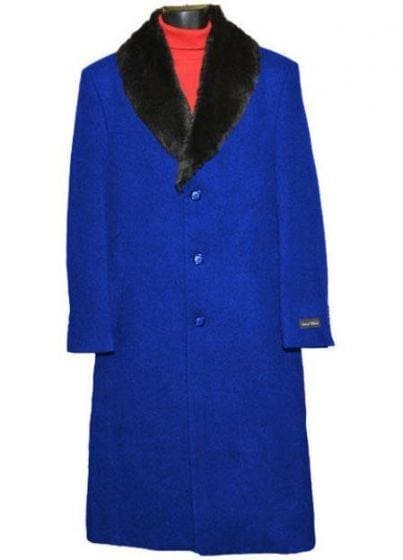 Moscow: MEN'S FUR COLLAR ROYAL BLUE 3 BUTTON SINGLE BREASTED WOOL FULL LENGTH OVERCOAT - AlbertoNardoniStore