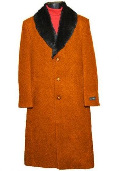 Moscow: MEN'S FUR COLLAR RUST 3 BUTTON SINGLE BREASTED WOOL FULL LENGTH OVERCOAT - AlbertoNardoniStore