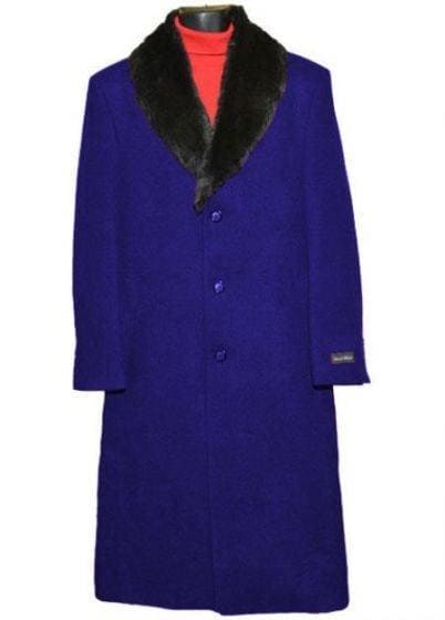 Moscow: MEN'S FUR COLLAR SAPHIRE BLUE 3 BUTTON SINGLE BREASTED WOOL FULL LENGTH OVERCOAT - AlbertoNardoniStore