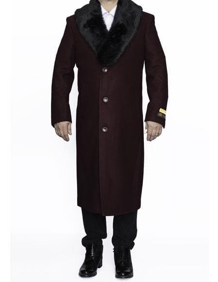 Moscow: MENS TOP COATS FULL LENGTH BURGUNDY REMOVABLE FUR COLLAR WOOL OVERCOAT - AlbertoNardoniStore