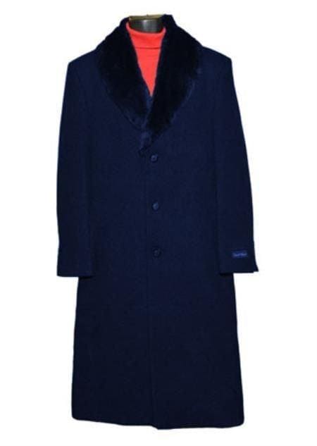 Moscow: SINGLE BREASTED DARK BLUE FUR COLLAR 3 BUTTON FULL LENGTH OVERCOAT - AlbertoNardoniStore