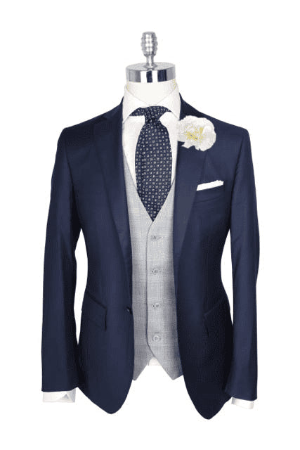 Navy Blazer With Gray Vest And Navy Patterned Tie - AlbertoNardoniStore