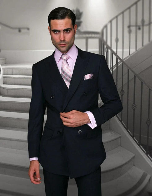 Navy Blue Double Breasted Suit - 100% Wool Suit $199 - AlbertoNardoniStore