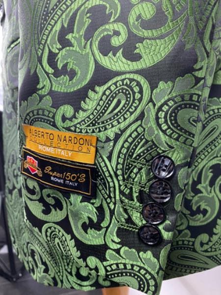 Olive Green Paisley Tuxedo Dinner Jacket With Bow Tie - Green Blazer - AlbertoNardoniStore