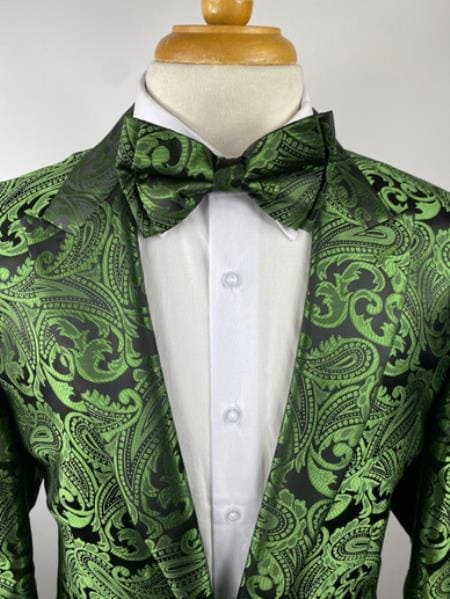 Olive Green Paisley Tuxedo Dinner Jacket With Bow Tie - Green Blazer - AlbertoNardoniStore