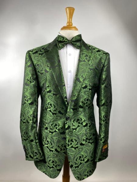 Olive Green Paisley Tuxedo Dinner Jacket With Bow Tie - Green Blazer - AlbertoNardoniStore