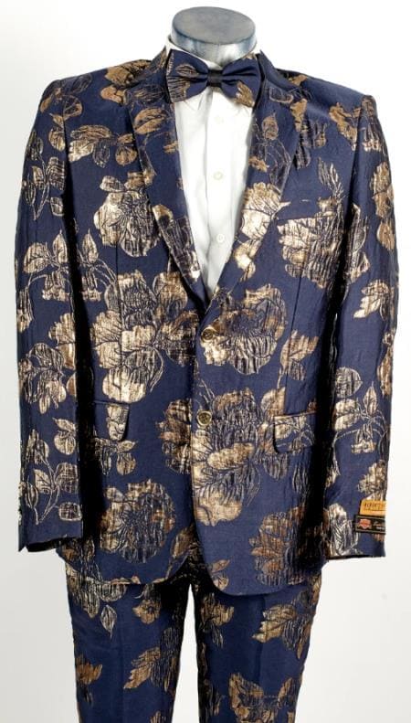 Paisley Suit - Paisley Tuxedo - Floral Suit - Flower Suit - Navy Gold - AlbertoNardoniStore