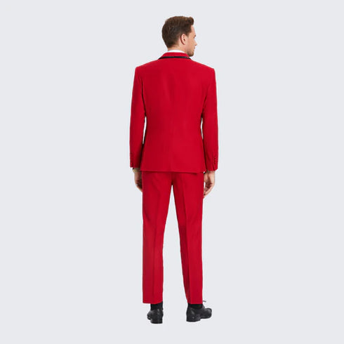 Red Textured Tuxedo With Satin Trim Three Piece Set - AlbertoNardoniStore