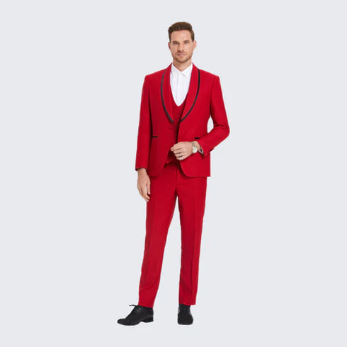 Red Textured Tuxedo With Satin Trim Three Piece Set - AlbertoNardoniStore