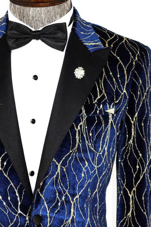 Slim Fit Navy Blue Gold Patterned Tuxedo Blazer - AlbertoNardoniStore