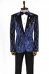 Slim Fit Navy Blue Gold Patterned Tuxedo Blazer - AlbertoNardoniStore