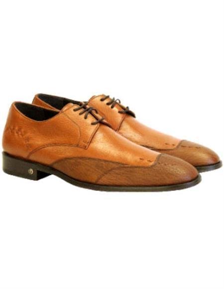 Vestigium Men's Cognac Genuine Sharkskin Derby Shoes - Mens Light Brown Mens Dress Shoes - AlbertoNardoniStore