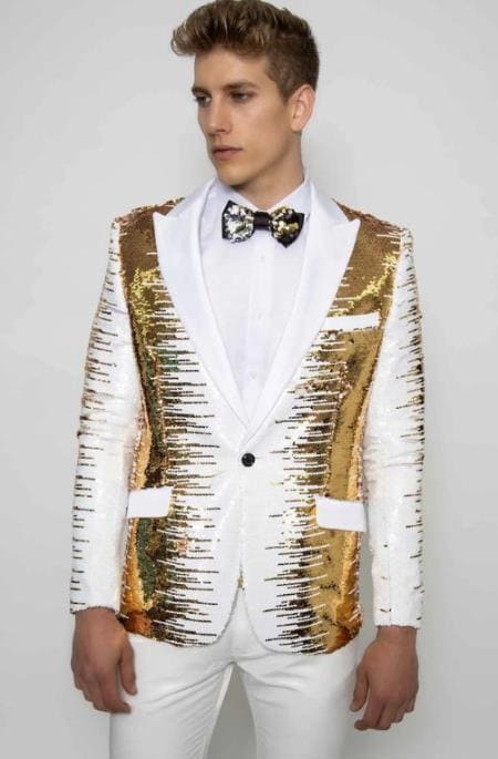 White and Gold Tuxedo Dinner Jacket (Bowtie Included ) - Prom Jacket - Wedding Tuxedo - AlbertoNardoniStore