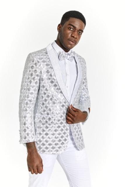 White and Silver Tuxedo With Matching Bowtie and White Pants - AlbertoNardoniStore