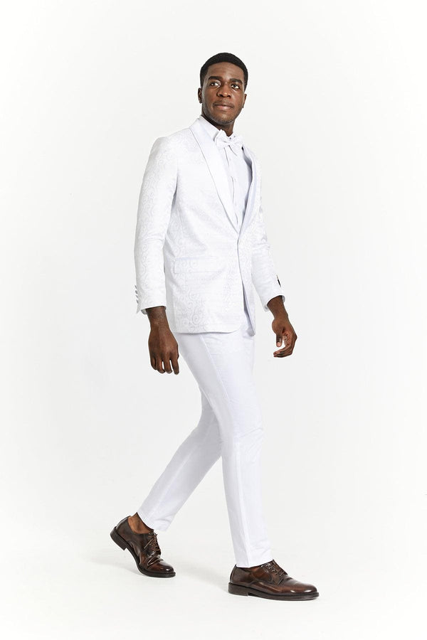 White and Silver Tuxedo With Matching Bowtie and White Pants - AlbertoNardoniStore