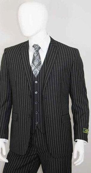 White Stripe 2 Buttons With Vest Jet Liquid Black Suit - AlbertoNardoniStore