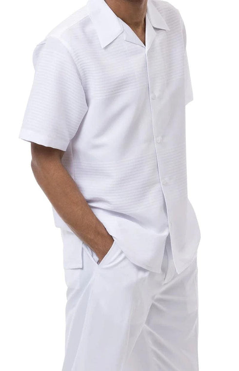 White Tone on Tone 2 Piece Short Sleeve Walking Suit Set - AlbertoNardoniStore