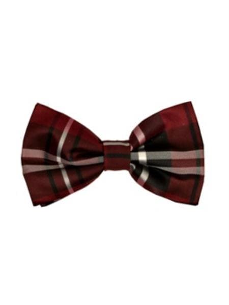Wholesale Mens Ties Bulk - Men's Burgundy ~ Wine ~ Maroon Color ~ Wine ~ Maroon Color And Black Plaid Pattern Bowtie - $10 - AlbertoNardoniStore
