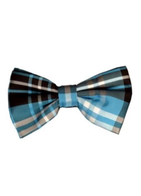 Wholesale Mens Ties Bulk - Men's Plaid Pattern Turquoise And Black Bowtie - $10 - AlbertoNardoniStore