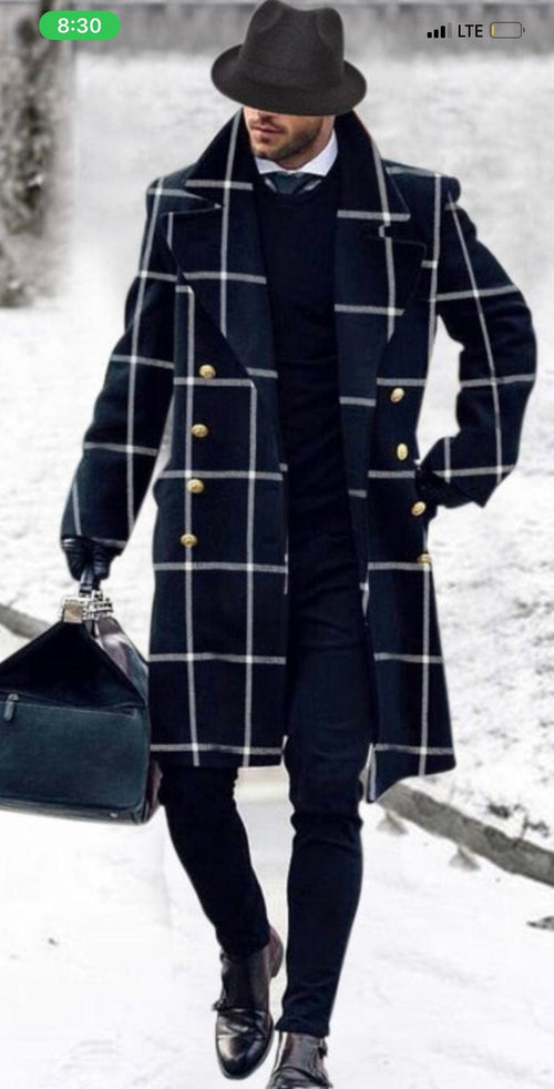 Wool Double Breasted Topcoat - Black Check - AlbertoNardoniStore