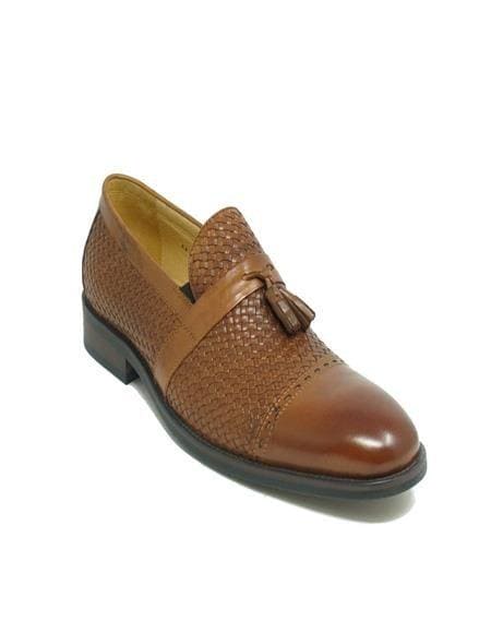 Woven Cap Toe Tassel Stylish Dress Loafer In Cognac - Mens Light Brown Mens Dress Shoes - AlbertoNardoniStore